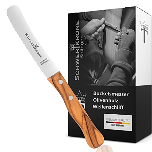 Schwertkrone Buckelsmesser mit Wellenschliff und Olivenholz - Das bergische Frühstücksmesser - Made in Germany - Brötchenmesser Brotzeitmesser von Schwertkrone