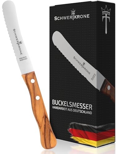 Schwertkrone® Buckelsmesser Wellenschliff [MADE IN GERMANY] - Wellenschliffmesser Olivenholzgriff - Tafel Messer mit Wellenschliff - Brötchenmesser - Messer mit Holzgriff - Brotzeitmesser von Schwertkrone