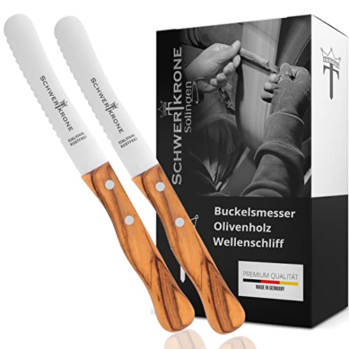 Schwertkrone Buckelsmesser mit Wellenschliff und Olivenholz 2er Set - Das bergische Frühstücksmesser - Made in Germany - Brötchenmesser Brotzeitmesser von Schwertkrone