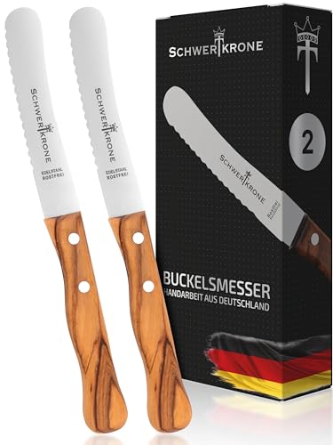 Schwertkrone Buckelsmesser mit Wellenschliff und Olivenholz 2er Set - Das bergische Frühstücksmesser - Made in Germany - Brötchenmesser Brotzeitmesser von Schwertkrone