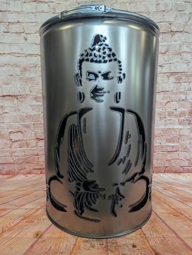 Fuchsbau Feuertonnen Feuertonne mit - Buddha - Motiv - Gefertigt aus neuem Ölfass - Besondere Feuerstelle für Garten und Terrasse - Hohe Feuerschale mit Rostoptik - 90 x 60 cm von Fuchsbau Feuertonnen