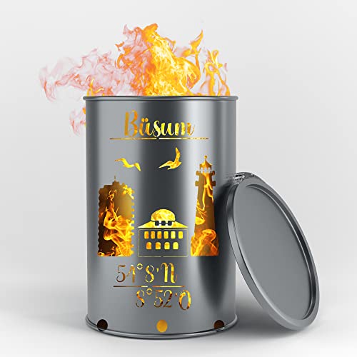 Fuchsbau Feuertonnen Feuertonne mit - Büsum - Motiv - Gefertigt aus neuem Ölfass - Besondere Feuerstelle für Garten und Terrasse - Hohe Feuerschale mit Rostoptik - 90 x 60 cm von Fuchsbau Feuertonnen