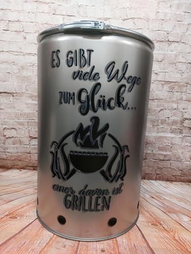 Fuchsbau Feuertonnen Feuertonne mit - Grillen - Motiv - Gefertigt aus neuem Ölfass - Besondere Feuerstelle für Garten und Terrasse - Hohe Feuerschale mit Rostoptik - 90 x 60 cm von Fuchsbau Feuertonnen