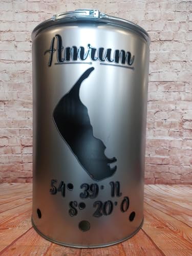 Fuchsbau Feuertonnen Feuertonne mit - Insel - Motiv - Gefertigt aus neuem Ölfass - Besondere Feuerstelle für Garten und Terrasse - Hohe Feuerschale mit Rostoptik - 90 x 60 cm (Amrum) von Fuchsbau Feuertonnen