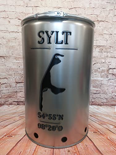 Fuchsbau Feuertonnen Feuertonne mit - Insel - Motiv - Gefertigt aus neuem Ölfass - Besondere Feuerstelle für Garten und Terrasse - Hohe Feuerschale mit Rostoptik - 90 x 60 cm (Sylt) von Fuchsbau Feuertonnen