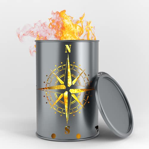 Fuchsbau Feuertonnen Feuertonne mit Kompass Motiv - Gefertigt aus neuem Ölfass - Besondere Feuerstelle für Garten und Terrasse - Hohe Feuerschale mit Rostoptik - 90 x 60 cm von Fuchsbau Feuertonnen