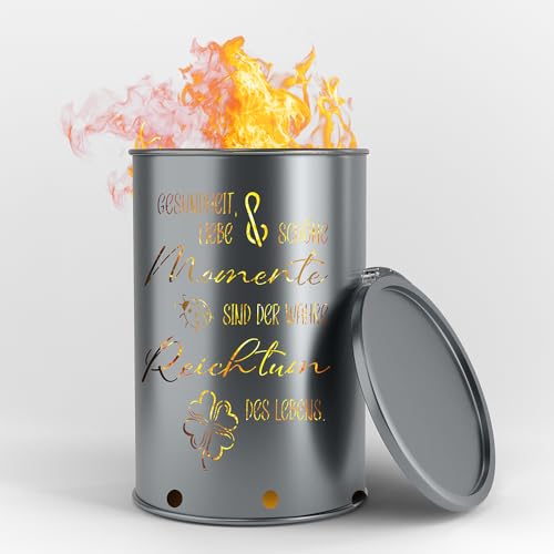 Fuchsbau Feuertonnen Feuertonne mit - Reichtum des Lebens - Motiv - Gefertigt aus neuem Ölfass - Besondere Feuerstelle für Garten und Terrasse - Hohe Feuerschale mit Rostoptik - 90 x 60 cm von Fuchsbau Feuertonnen