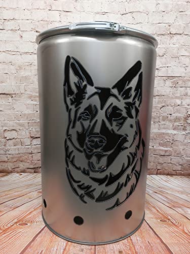 Fuchsbau Feuertonnen Feuertonne mit - Schäferhund - Motiv - Gefertigt aus neuem Ölfass - Besondere Feuerstelle für Garten und Terrasse - Hohe Feuerschale mit Rostoptik - 90 x 60 cm von Fuchsbau Feuertonnen