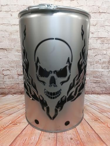 Fuchsbau Feuertonnen Feuertonne mit - Totenkopf Flammen - Motiv - Gefertigt aus neuem Ölfass - Besondere Feuerstelle für Garten und Terrasse - Hohe Feuerschale mit Rostoptik - 90 x 60 cm von Fuchsbau Feuertonnen