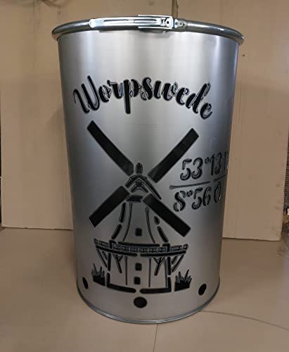 Fuchsbau Feuertonnen Feuertonne mit - Worpswede - Motiv - Gefertigt aus neuem Ölfass - Besondere Feuerstelle für Garten und Terrasse - Hohe Feuerschale mit Rostoptik - 90 x 60 cm von Fuchsbau Feuertonnen
