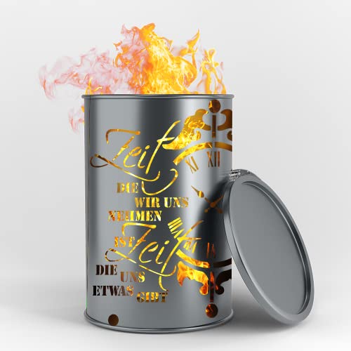 Fuchsbau Feuertonnen Feuertonne mit - Zeit - Motiv - Gefertigt aus neuem Ölfass - Besondere Feuerstelle für Garten und Terrasse - Hohe Feuerschale mit Rostoptik - 90 x 60 cm von Fuchsbau Feuertonnen