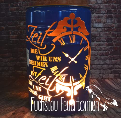 Fuchsbau Feuertonnen Feuertonne mit - Zeit - Motiv - Gefertigt aus 200L Ölfass - Besondere Feuerstelle für Garten und Terrasse - Hohe Feuerschale mit Rostoptik - 90 x 60 cm von Fuchsbau Feuertonnen