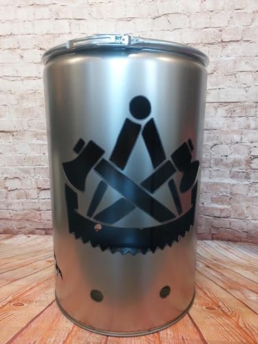 Fuchsbau Feuertonnen Feuertonne mit - Zimmermann - Motiv - Gefertigt aus neuem Ölfass - Besondere Feuerstelle für Garten und Terrasse - Hohe Feuerschale mit Rostoptik - 90 x 60 cm von Fuchsbau Feuertonnen