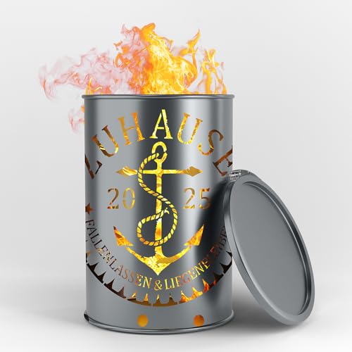 Fuchsbau Feuertonnen Feuertonne mit - Zuhause 2025 - Motiv - Gefertigt aus neuem Ölfass - Besondere Feuerstelle für Garten und Terrasse - Hohe Feuerschale mit Rostoptik - 90 x 60 cm von Fuchsbau Feuertonnen