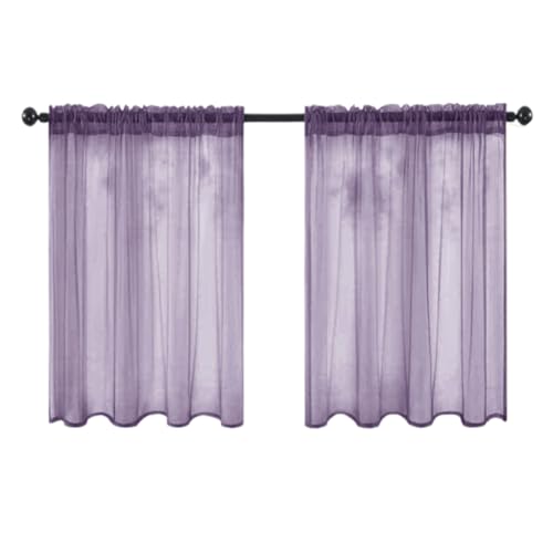 Fudaiki 2er-Set Transparente Vorhänge mit Kräuselband Oben für Schlafzimmer und Wohnzimmer – Lichtdurchlässige, einfarbige Voile-Vorhänge, Fensterdekorationen Dunkelviolett 132x46cm von Fudaiki