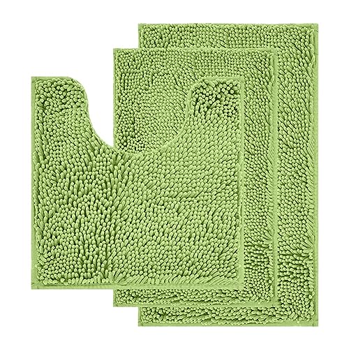 Fudaiki 3 Stücke Badezimmerteppich-Set U-förmiger Kontur-Toilettenvorleger + 2 Badvorleger Badeteppich rutschfeste Badematte für Badezimmer, Boden, Toilette U 50x50cm+40x60cm+50x80cm Gras-Grün von Fudaiki