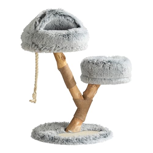 Fudajo Kratzbaum Zweigdesign mit Katzenhöhle 80 cm, Designer Katzenkratzbaum mit Plüsch und Birnbaumholz, Katzenbaum aus Holz mit Kratzmatte von Fudajo