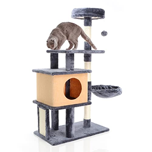Fudajo Kratzbaum in Dunkelgrau 112 cm hoch, Katzenkratzbaum mit Katzenhaus, Katzenbaum mit Liegemulde und Plattformen, Katzenmöbel mit Kratzbrett von Fudajo