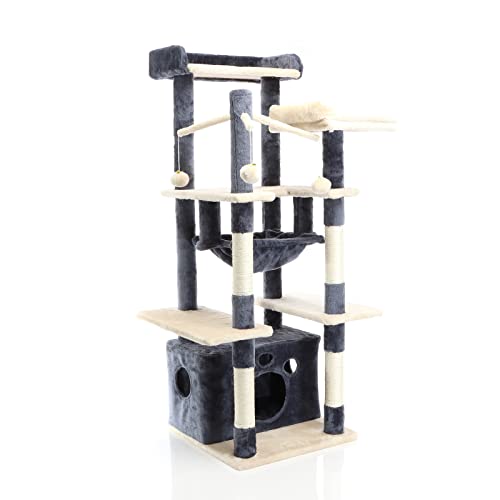 Fudajo Kratzbaum in Dunkelgrau/Beige 134 cm hoch, Katzenkratzbaum mit Katzenhaus + Liegemulde, Katzenbaum mit Plattformen, Katzenmöbel mit Spielbällen Fudajo Kratzbaum in Dunkelgrau/Beige 134 cm hoch, Katzenkratzbaum mit Katzenhaus + Liegemulde, Katzenbaum mit Plattformen, Katzenmöbel mit Spielbällen von Fudajo
