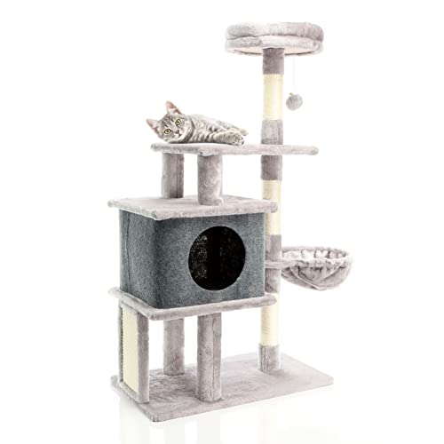 Fudajo Kratzbaum in Hellgrau 112 cm hoch, Katzenkratzbaum mit Katzenhaus, Katzenbaum mit Liegemulde und Plattformen, Katzenmöbel mit Kratzbrett von Fudajo
