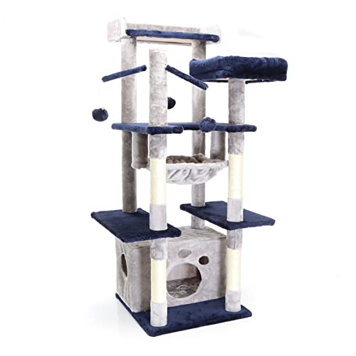 Fudajo Kratzbaum in Hellgrau/Blau 134 cm hoch, Katzenkratzbaum mit Katzenhaus und Liegemulde, Katzenbaum mit Plattformen, Katzenmöbel mit Spielbällen von Fudajo