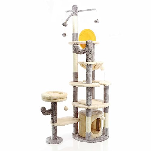 Fudajo Kratzbaum im Kaktusdesign Hellgrau 172 cm, Katzenkratzbaum mit Katzenhaus u. Liegemulde, Katzenbaum mit Sisal, Katzenmöbel mit Spielbälle von Fudajo