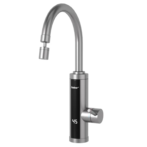 Elektrischer Warmwasserhahn mit Universaldüse, sofortiger Heizhahn für Küche, Edelstahl-Warmwasserhahn Versorgung Heiß- und Kaltwasserhahn mit Digitalanzeige (Bogenauslass) von Fudeer