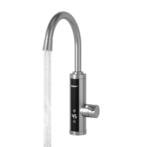 Fudeer 220V Elektrischer Wasserhahn,3.3 kW Wasserhahn mit Durchlauferhitzer für Küche, 360° drehbare Edelstahl-Armatur mit regelbarer Leistung (P1-P3) & Digitalthermometer 30-45℃(Silber) von Fudeer