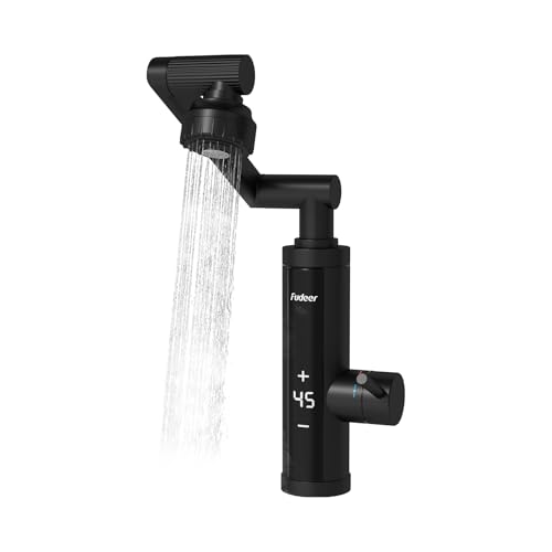 Fudeer 230V Edelstahl Elektrischer Warmwasserhahn,3.3 kW 30-45℃ Warmwasserarmatur für Bade & Küche mit 2 Sprühmodi,1080°schwenkbarer Wasserhahn mit Digitaldisplay(Schwarz) von Fudeer