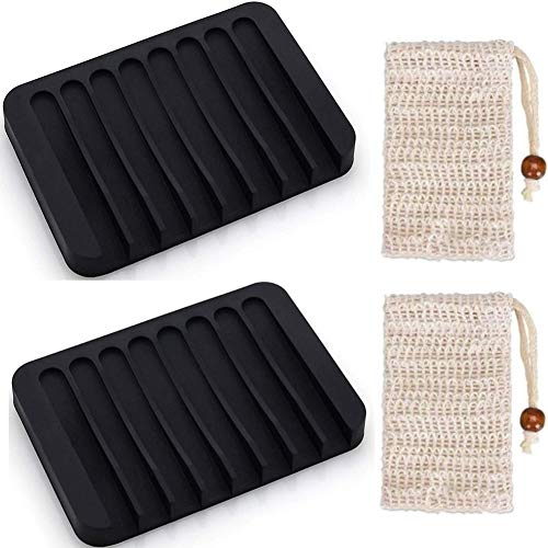 FülleMore 2 Stück Seifenschalen mit Ablauf Silikon Seifenhalter Selbstleerende Seifenablage mit 2 Stück Seifenbeutel 9x14cm Seifensäckchen für Küche Bad (Schwarz) von FülleMore