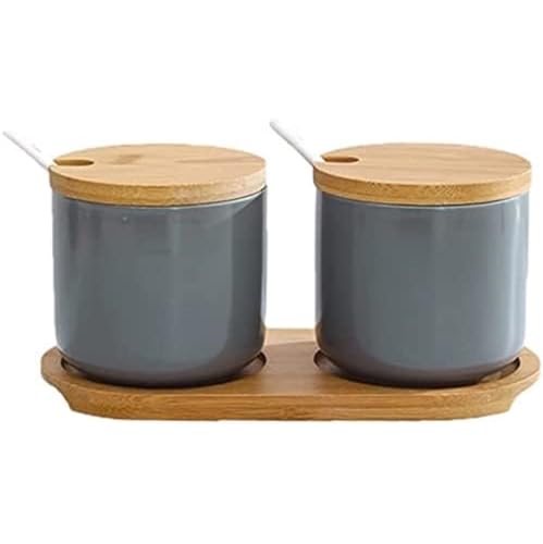 FülleMore 2er Set Zuckerdose Salzdose aus Keramik Gewürzgläser Gewürzbehälter mit Deckel,Löffel und Tablett 260ml Gewürzbox zur Aufbewahrung von Zucker,Salz,Gewürze,Kaffee,Tee (Grau) von FülleMore