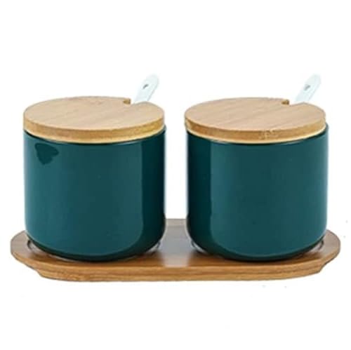 FülleMore 2er Set Zuckerdose Salzdose aus Keramik Gewürzgläser Gewürzbehälter mit Deckel,Löffel und Tablett 260ml Gewürzbox zur Aufbewahrung von Zucker,Salz,Gewürze,Kaffee,Tee (Grün) von FülleMore
