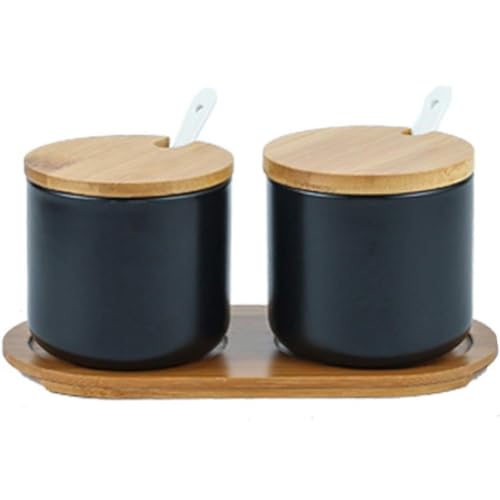 FülleMore 2er Set Zuckerdose Salzdose aus Keramik Gewürzgläser Gewürzbehälter mit Deckel,Löffel und Tablett 260ml Gewürzbox zur Aufbewahrung von Zucker,Salz,Gewürze,Kaffee,Tee (Schwarz) von FülleMore