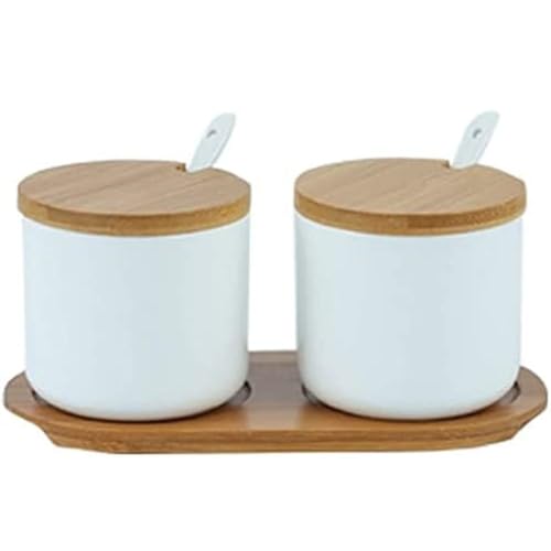 FülleMore 2er Set Zuckerdose Salzdose aus Keramik Gewürzgläser Gewürzbehälter mit Deckel,Löffel und Tablett 260ml Gewürzbox zur Aufbewahrung von Zucker,Salz,Gewürze,Kaffee,Tee (Weiß) von FülleMore