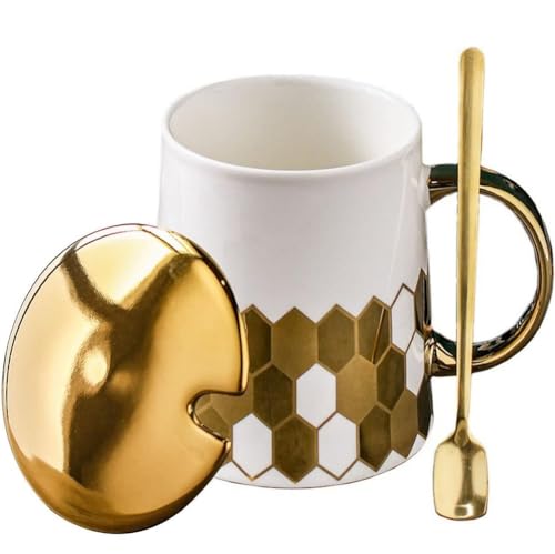 FülleMore 380ml Kaffeetasse mit Deckel und Löffel,Elegante Teetasse Gold Kaffeebecher Cappuccino Tassen Geschenkset Porzellantasse für Frauen,Mama,Freundin (Weiß) von FülleMore