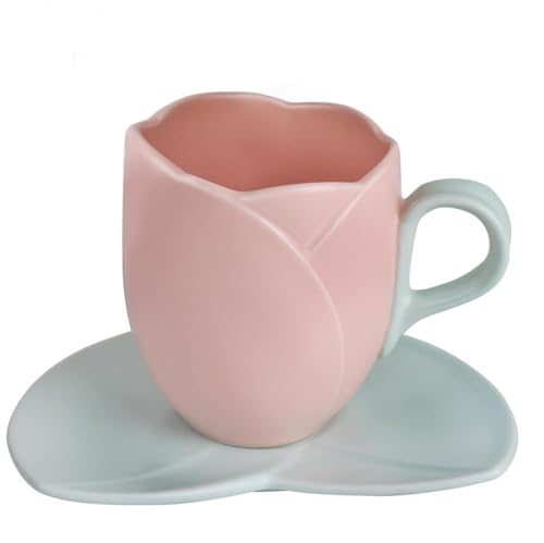 FülleMore 3D Tulpen Kaffeetasse mit Untertasse niedliche Blumenform Tasse 300ml Teetasse Cappuccinotasse Kakaobecher Keramiktasse für Kalt- und Heißgetränke,Frauen,Freundin,Mädchen (Rosa) von FülleMore
