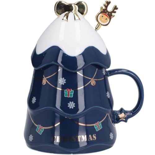 FülleMore 3D Weihnachtsbaum Trinkbecher Neuheit Weihnachtstasse Keramik Kaffeebecher mit Deckel und Ruhrstab 500ml große Kaffeetasse Geschenktasse für Frauen Mädchen Kollegin (Blau) von FülleMore