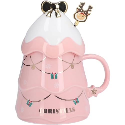 FülleMore 3D Weihnachtsbaum Trinkbecher Neuheit Weihnachtstasse Keramik Kaffeebecher mit Deckel und Ruhrstab 500ml große Kaffeetasse Geschenktasse für Frauen Mädchen Kollegin (Rosa) von FülleMore