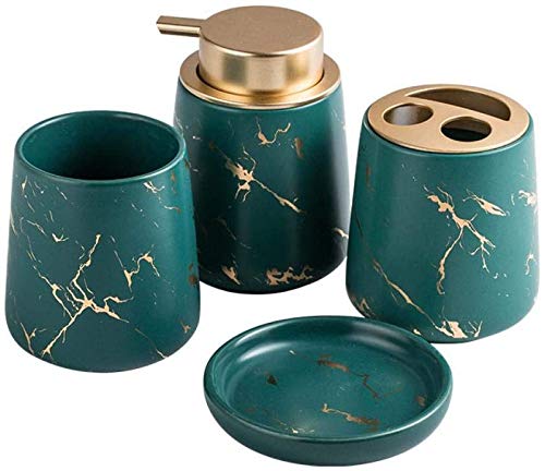 FülleMore 4-teiliges Badezimmer Set Keramik Badzubehör Set Marmor Optik Badset Seifenspender, Zahnputzbecher, Zahnbürstenhalter Seifenhalter (Dunkelgrün) von FülleMore