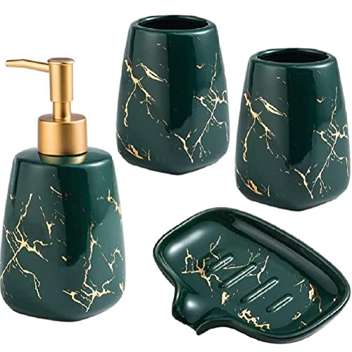 FülleMore 4-teiliges Badezimmer Zubehörset Bad Accessoires Sets luxuriöses Marmoroptik Keramik Badeset Badezimmerausstattung Set,350ml Seifenspender,2xZahnbrstenbecher,Seifenschale (Grün) von FülleMore