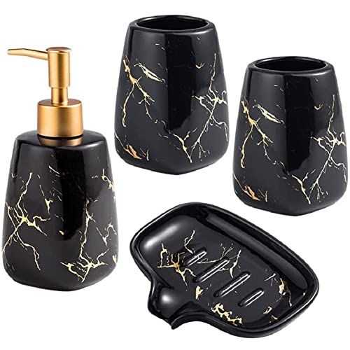 FülleMore 4-teiliges Badezimmer Zubehörset Bad Accessoires Sets luxuriöses Marmoroptik Keramik Badeset Badezimmerausstattung Set,350ml Seifenspender,2xZahnbrstenbecher,Seifenschale (Schwarz) von FülleMore