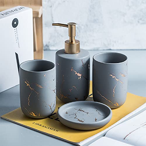 FülleMore 4-teiliges Keramik Bad-Zubehörset Marmor Optik Badaccessoires 300ml Seifenspender,Seifenschale, Zahnbürstenhalter/Zahnputzbecher Badezimmer Set (Grau) von FülleMore