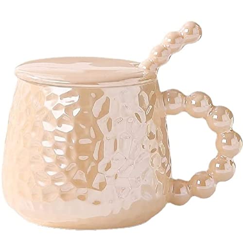 FülleMore 400ml Kaffeetasse Kaffeebecher mit Deckel und Edelstahllöffel,Süße Perlen Form Henkel Teetasse Geschenktasse für Weihnachten Valentinstag Muttertah Geburtstag (Gelb) von FülleMore
