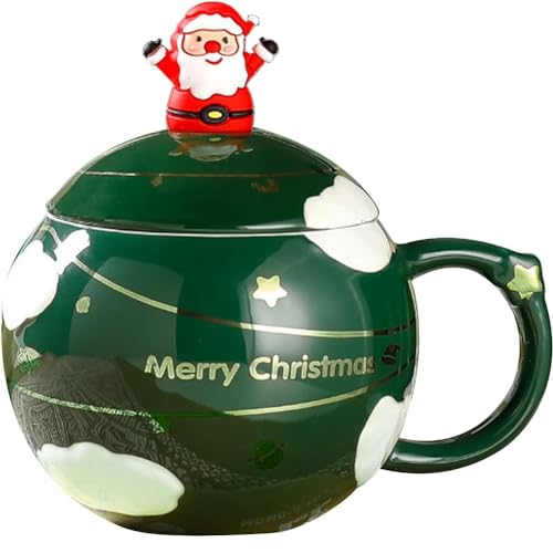 FülleMore 400ml Kaffeetasse mit Deckel und Löffel Weihnachtstasse Trinkbecher 3D Weihnachtsmann Kaffeebecher Teetasse Milchbecher Süße Kaffeetasse Geschenk (Grün) von FülleMore