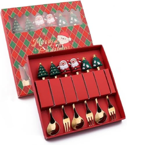 FülleMore 6 Stück Gold Weihnachtsbesteck Set,Edelstahl Weihnachtskaffeelöffel und Weihnachtsgabeln Partybesteck 3xKaffeelöffel 3xKuchengabel (Rund-Weihnachtsbaum+Weihnachtsmann+Weihnachtsbaum) von FülleMore