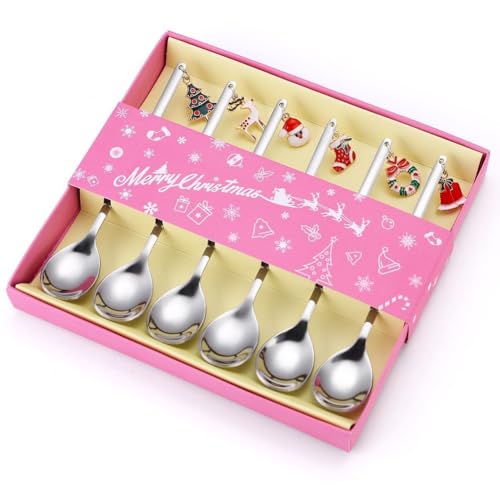 FülleMore 6 Stück Weihnachtslöffel,Edelstahl Kaffeelöffel Dessertlöffel mit Weihnachtsanhänger Tischdeko lustiges Weihnachtsgeschirr Set mit Geschenkbox für Weihnachten Neujahr (Silber) von FülleMore