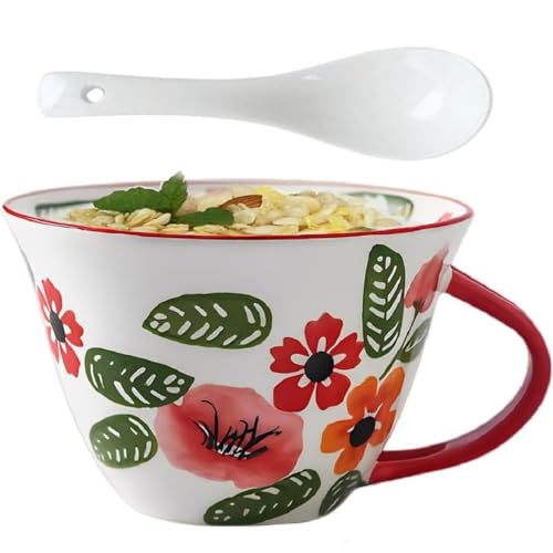 FülleMore 600ml große Frühstückstasse Müslitasse mit Henkel Müslibecher Kaffeebecher mit Löffel Salat Schale Porzellan Joghurtbecher Keramiktasse Geschenk für Oma Mutter Freundin (Rot) von FülleMore