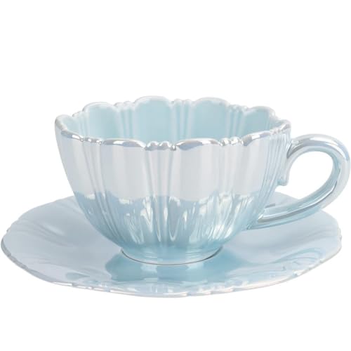 FülleMore Blumenform Kaffeetasse Set Perlenglanz Blumentasse 230ml Espressotasse niedliche Capuccinotasse mit Untertasse für Frauen Freundin Geburtstag Muttertag Valentinstag (Blau) von FülleMore