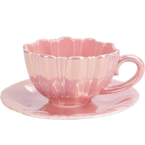 FülleMore Blumenform Kaffeetasse Set Perlenglanz Blumentasse 230ml Espressotasse niedliche Capuccinotasse mit Untertasse für Frauen Freundin Geburtstag Muttertag Valentinstag (Rosa) von FülleMore