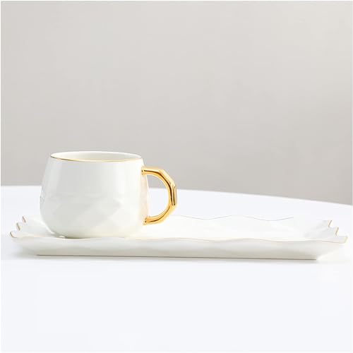 FülleMore Europäische Kaffeetasse mit Kuchenteller und Löffel,220ml Porzellan Espressotasse mit 25x11cm groß Untertasse Goldrand Cappuccino Tasse mit Dessertteller Kaffeeservice Set (Weiß) von FülleMore